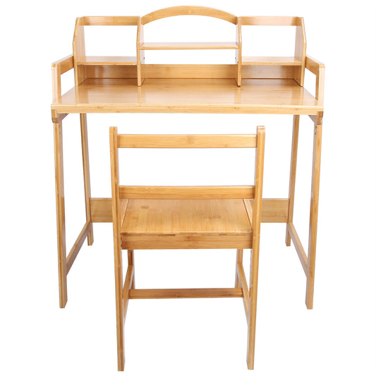 Adjustable Bamboo Color Study Table and Chair Set with 2‑Layer Bookshelf Home Study Table